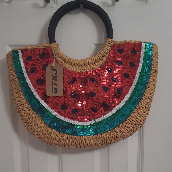 QTKJ Handbags - Watermelon Sequin Straw Tote